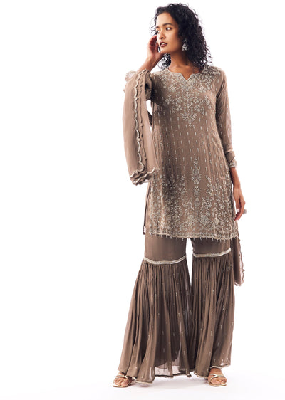 Brown Sharara Suit With Cutdana And Moti Highlights