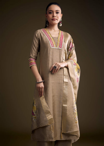 Brown Silk Kurta Set With Zari And Gota Work