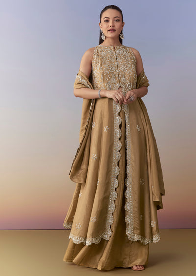 Brown Slit Anarkali Set with Cutdana Work