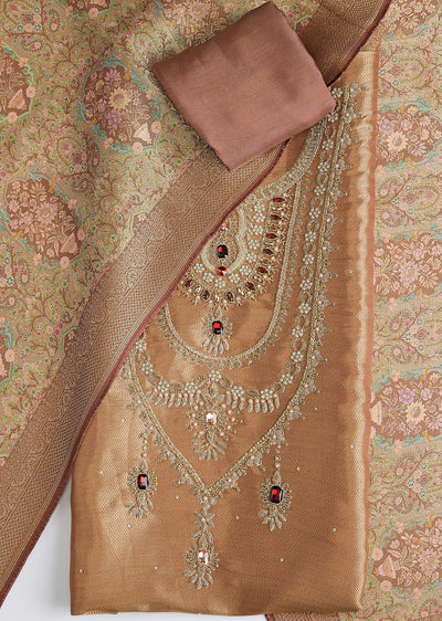 Brown Tissue Dress Material Set With Zardozi And Beads Detail