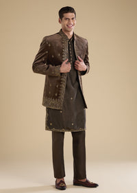 Brown Velvet Embellished Jodhpuri Set With Kurta And Pants