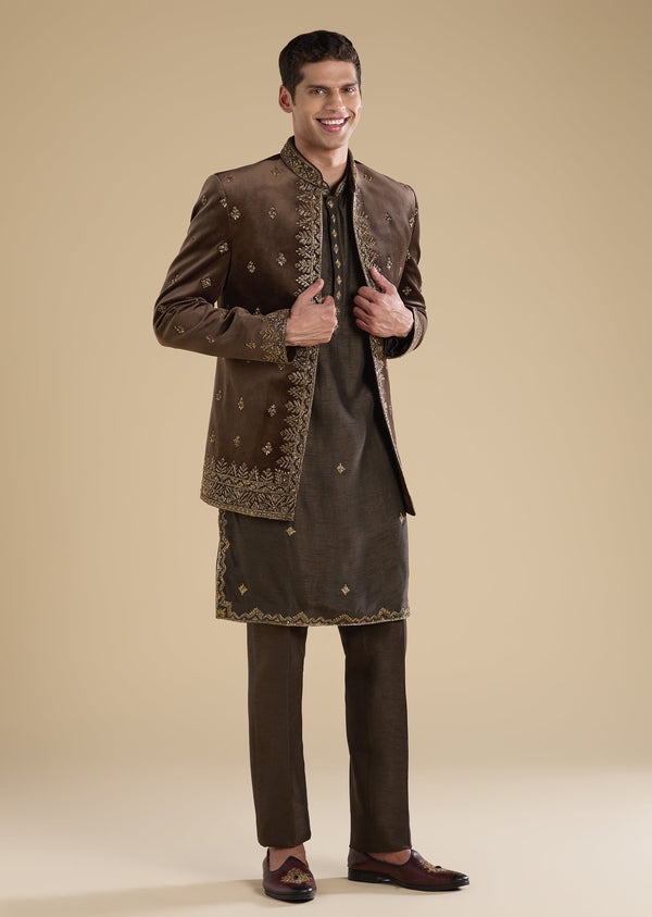 Brown Velvet Embellished Jodhpuri Set With Kurta And Pants