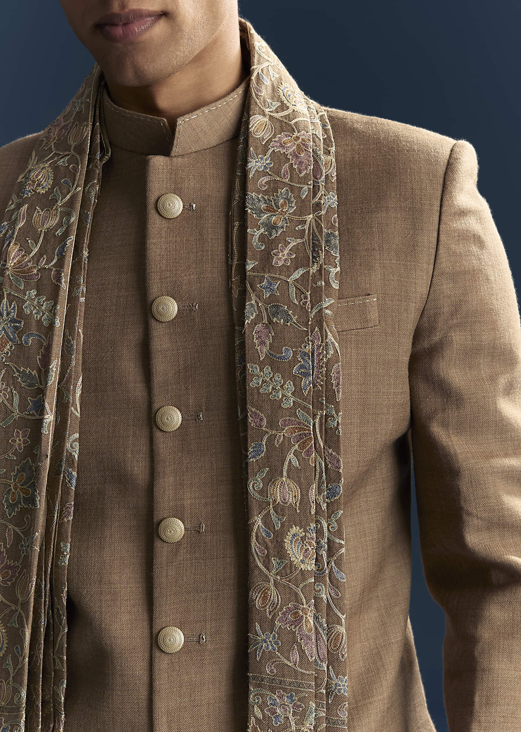 Brown Jacquard Indo Western Set For Men With Embroidered Stole