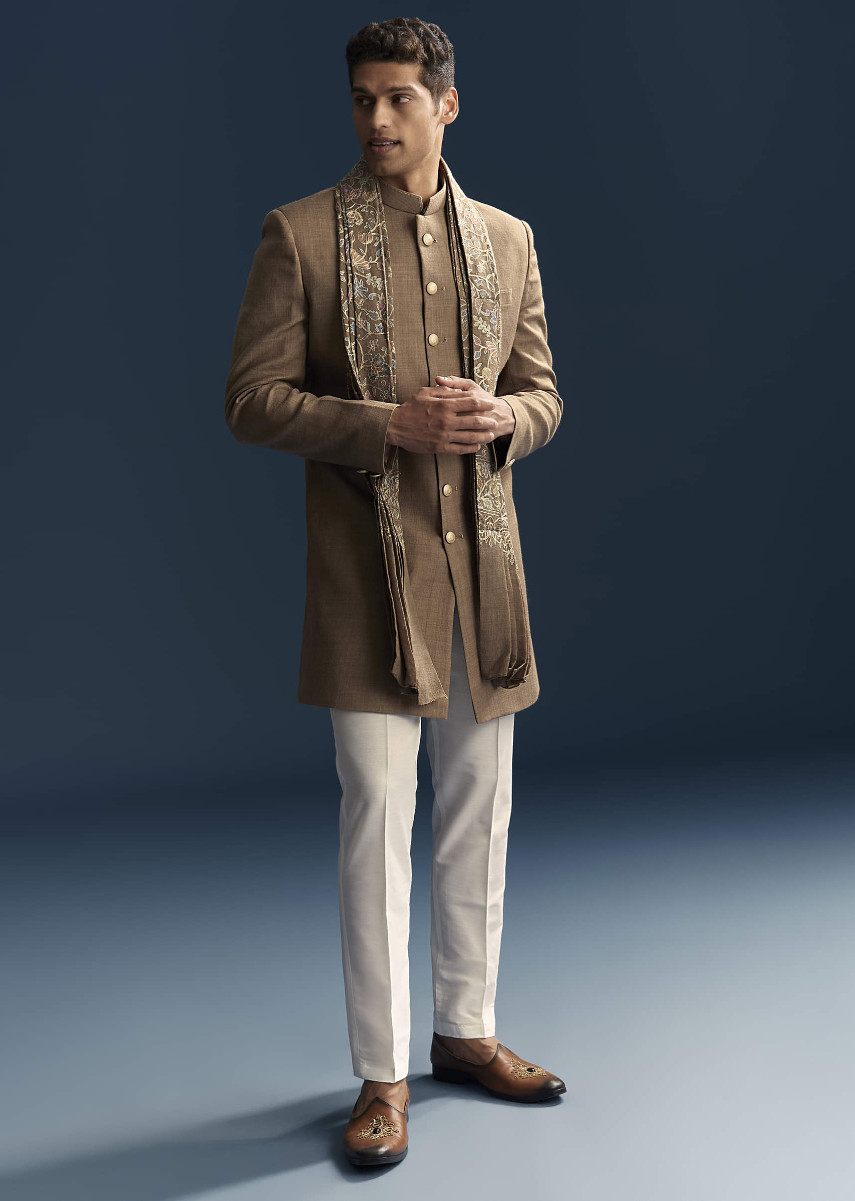 Brown Jacquard Indo Western Set For Men With Embroidered Stole