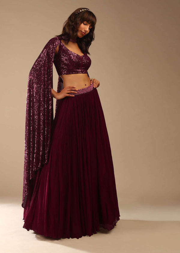 Burgundy Red Lehenga In Georgette With A Sequins Choli And Moti Embellished Choker Dupatta