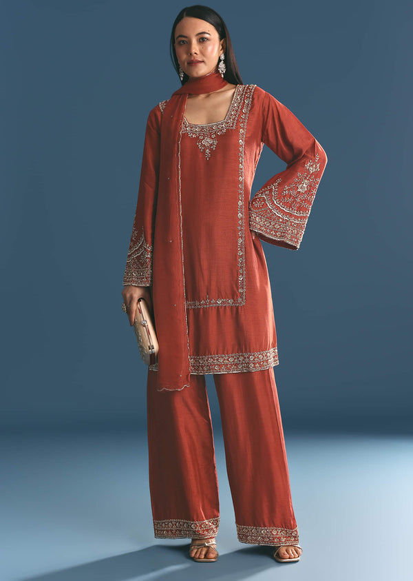 Burnt Orange Silk Sequin Beaded Kurta Set With Dupatta