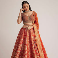 Burnt Orange Brocade Embroidered Lehenga Set
