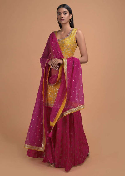 Butter Yellow Palazzo Suit In Cotton Silk With Zari And Sequins Embroidered Floral Jaal