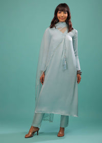 Powder Blue Bemberg Silk Kurti Suit With Dupatta And Silk Pants