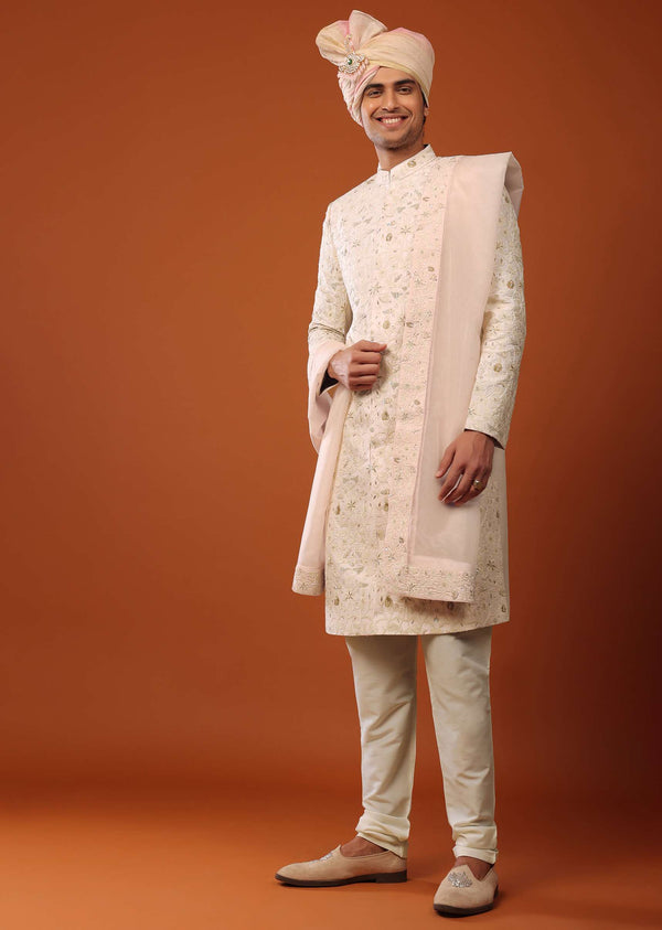 Candy Pink Sherwani Set In Silk With Sequins Embroidery