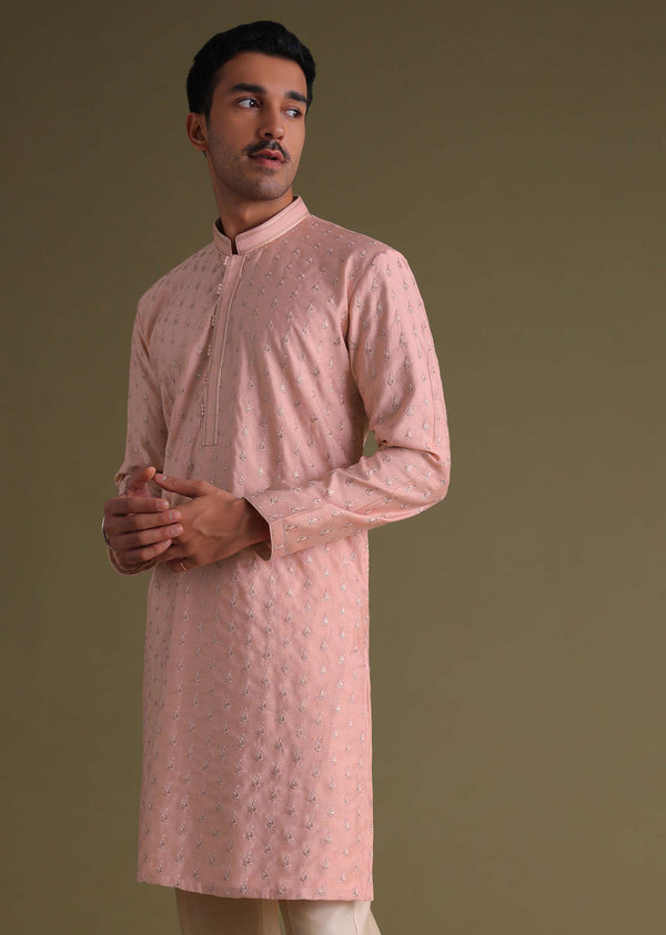 Candy Pink Thread-Embroidered Festive Kurta Set In Silk With Motif Work