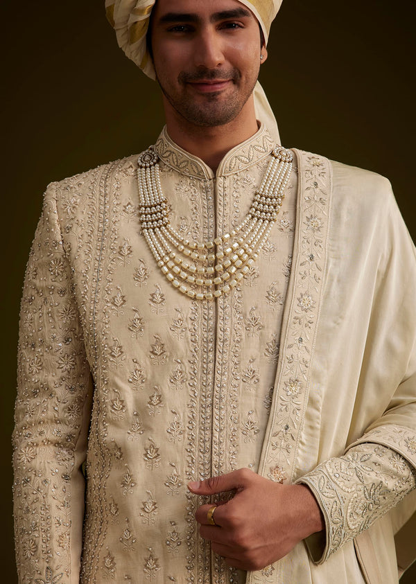 Fawn Raw Silk Sherwani Set With Zardosi Embroidery