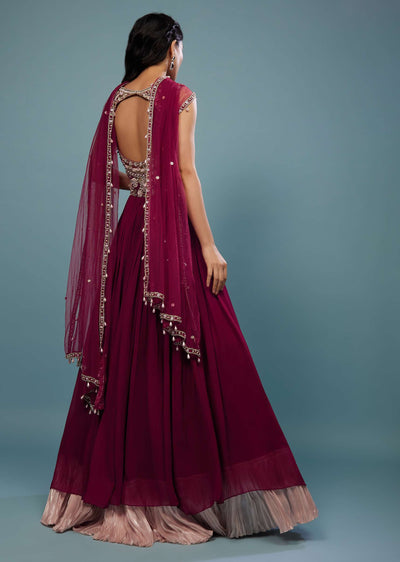 Wine Red Embroidered Anarkali Suit In Viscose Georgette