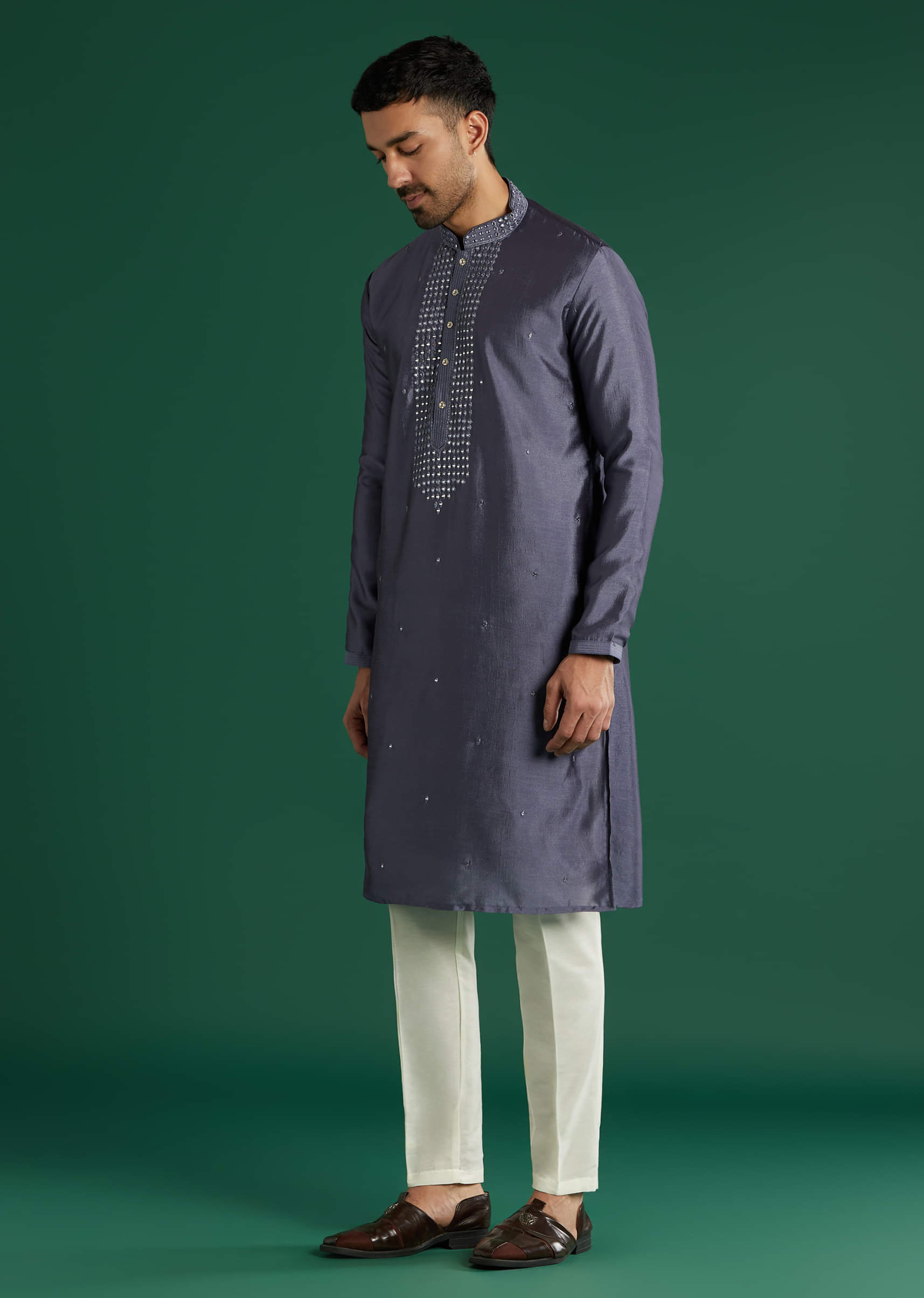Charcoal Grey Silk Kurta Set For Men With Mirror Work
