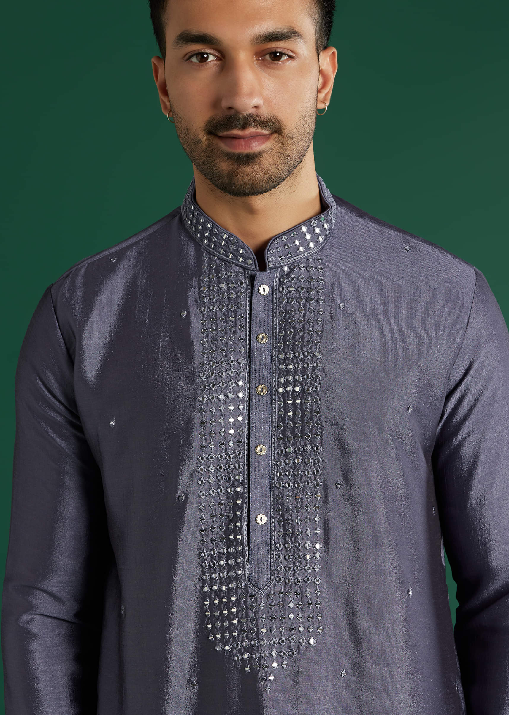 Charcoal Grey Silk Kurta Set For Men With Mirror Work