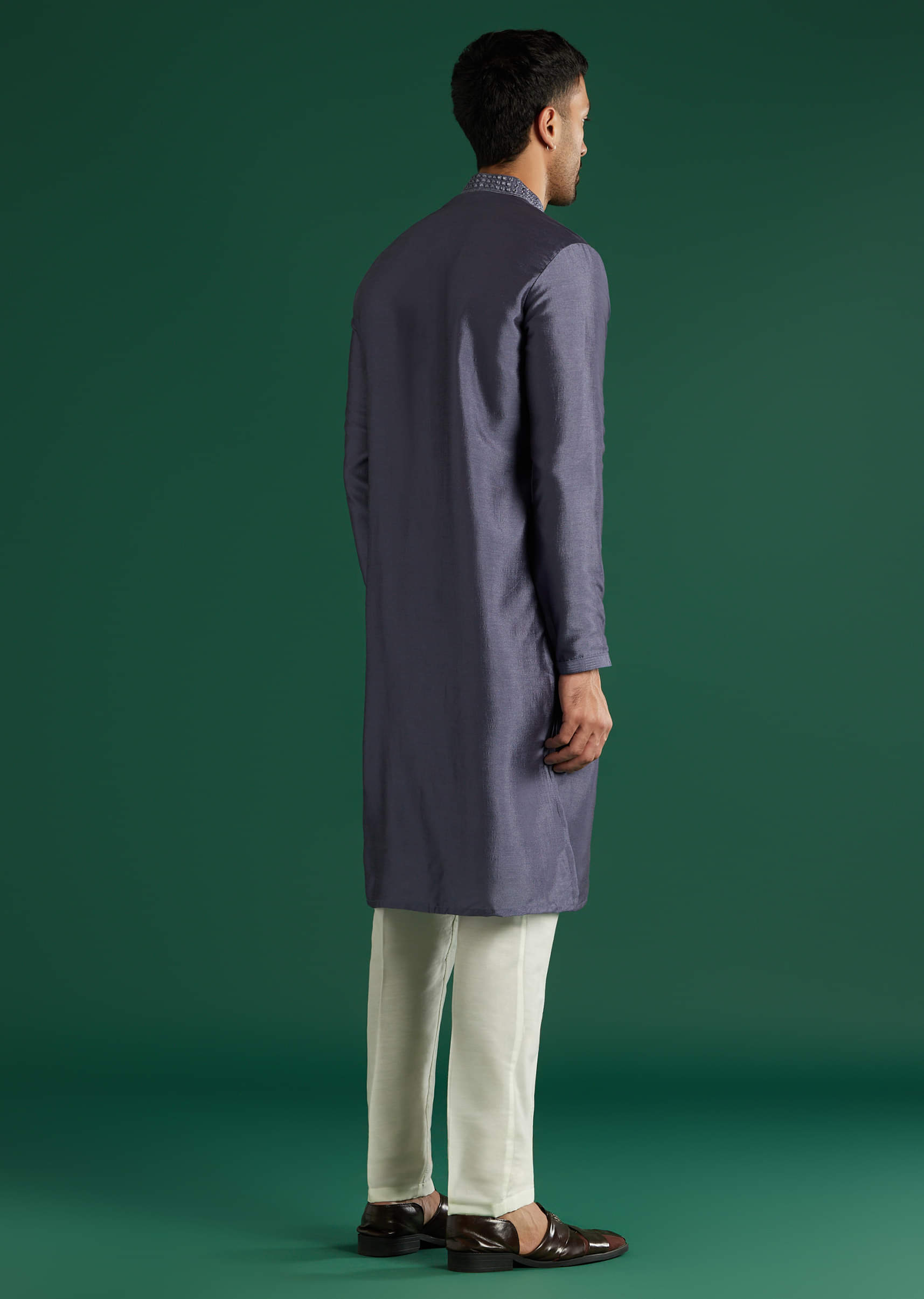 Charcoal Grey Silk Kurta Set For Men With Mirror Work