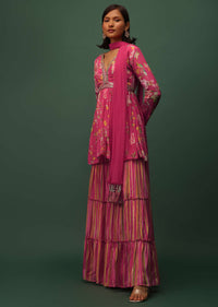 Cherry Pink Peplum Top And Sharara Set In Satin With Floral Print