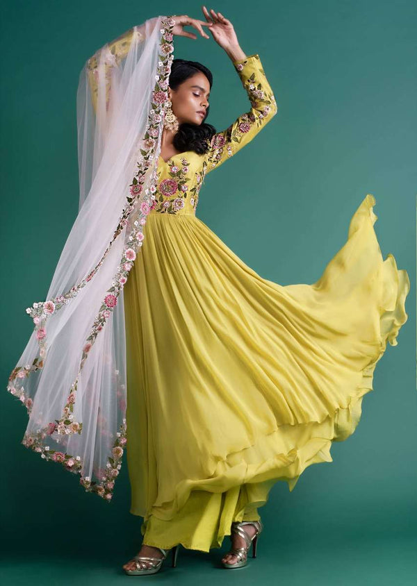 Citrus Green Layered Anarkali In Georgette With A Contrasting Powder Pink Net Dupatta Online - Kalki Fashion