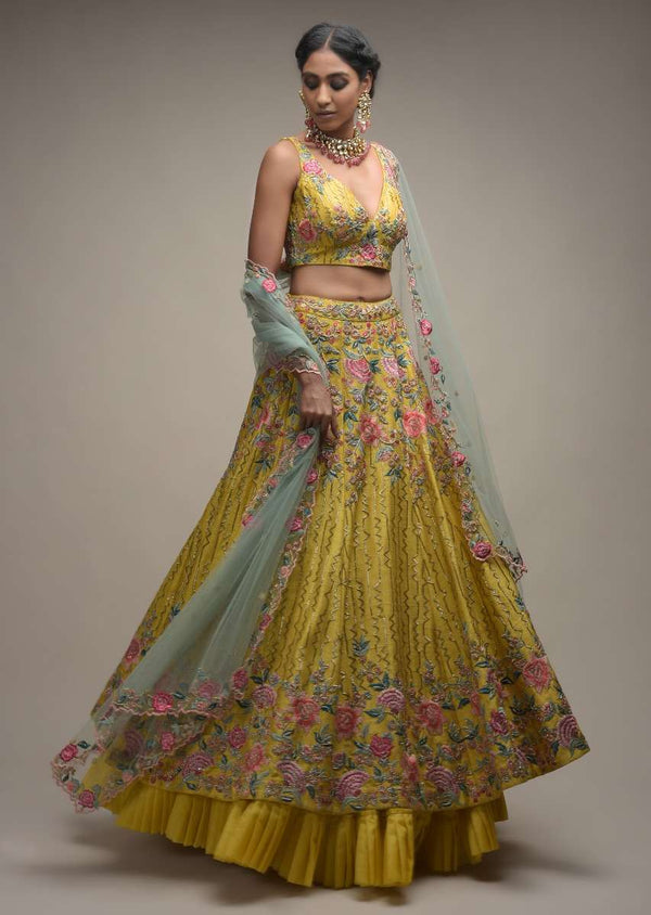 Citrus Lehenga Choli In Raw Silk With Resham Embroidered Spring Blooms And Geometric Pattern