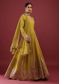 Lime Green Anarkali Suit In Georgette With Multicolored Resham And Zari Embroidered Mughal Design