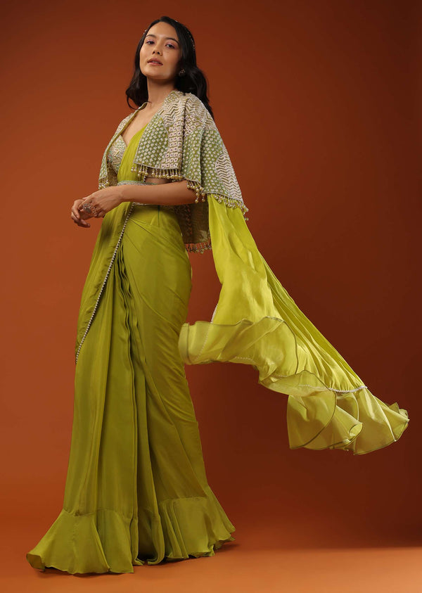 Citrus Green Ready Pleated Saree with Net Cape and V-Neck Crop Top with Hemline Cut Out