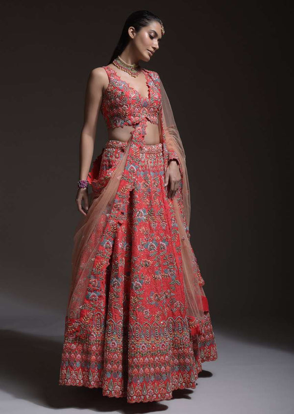 Coral Heavy Embroidered Lehenga With Resham Embroidered Floral Vines And Heritage Border