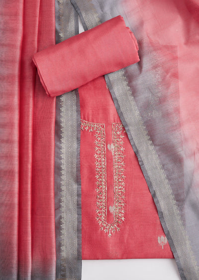 Coral Pink Embroidered Silk Unstitched Suit Set With Dupatta