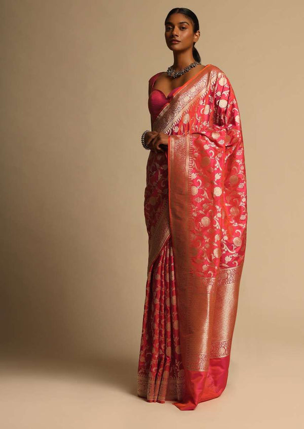 Coral Pink Two Toned Banarasi Saree In Pure Handloom Silk With Woven Floral Jaal And Floral Border Along With Unstitched Blouse Piece