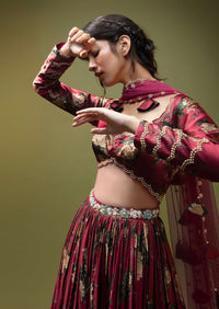 Cranberry Red Anarkali Suit In Floral Printed Satin With Front Cut Out And Sequin Embroidery