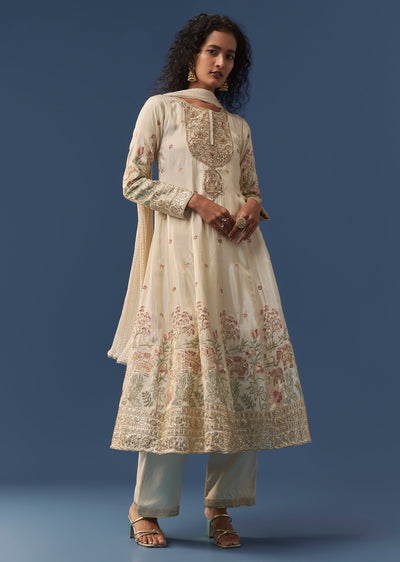 Cream A-Line Resham Embroidered Anarkali Set