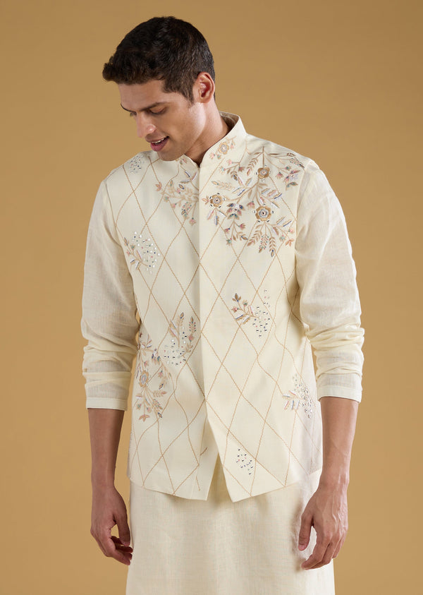 Cream Viscose Embroidered Jacket and Kurta Set