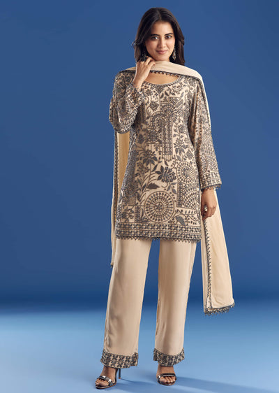 Cream Beaded Kurta Dupatta Set With Georgette Pant