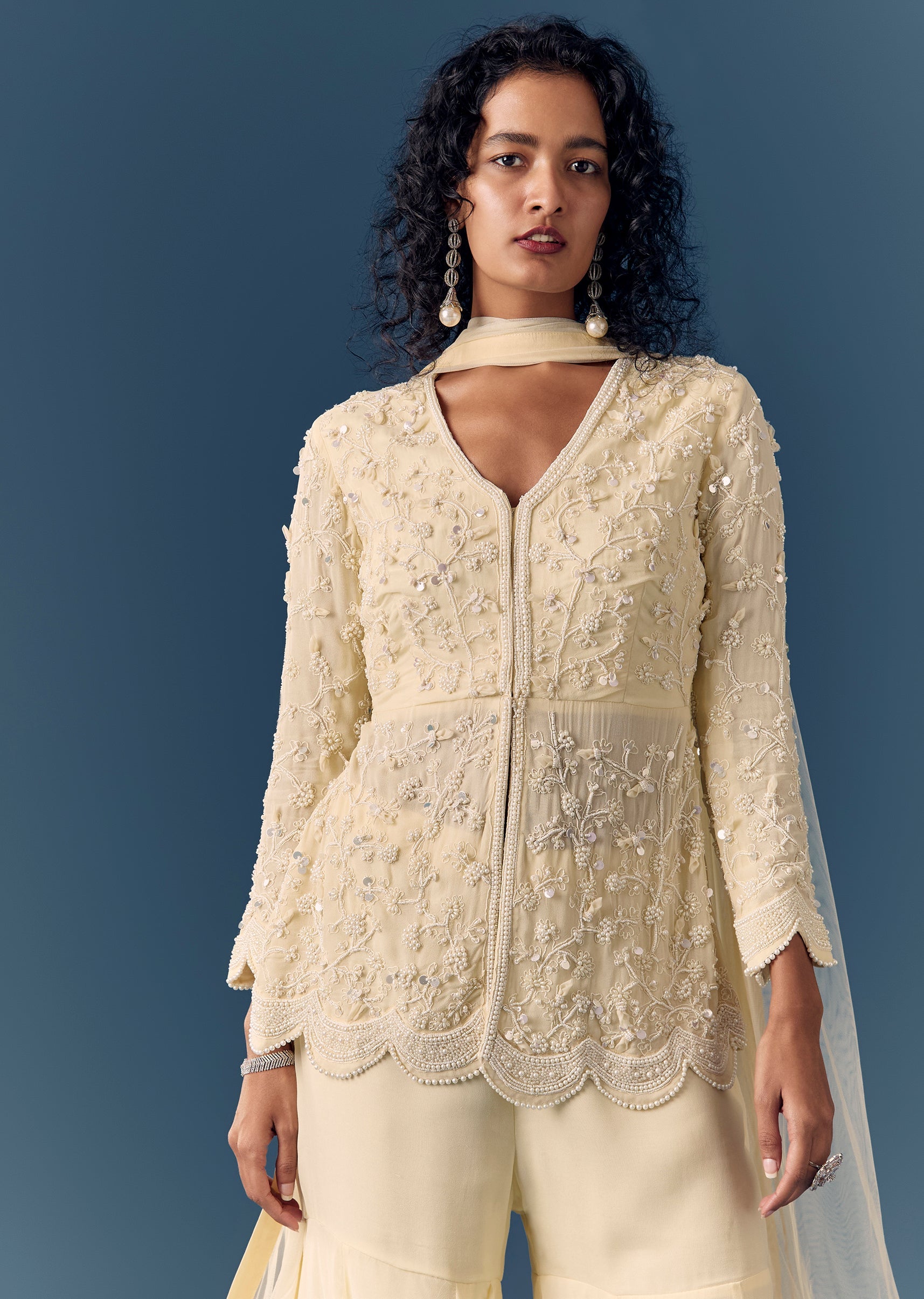 Buy Cream Beaded Peplum Kurta Sharara Set With Dupatta | KALKI