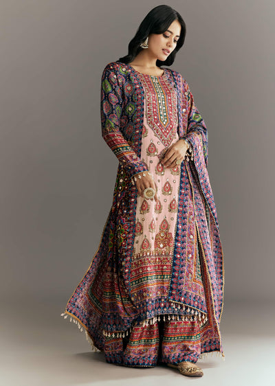 Cream Blue Tabby Silk Printed Kurta Palazzo With Dupatta