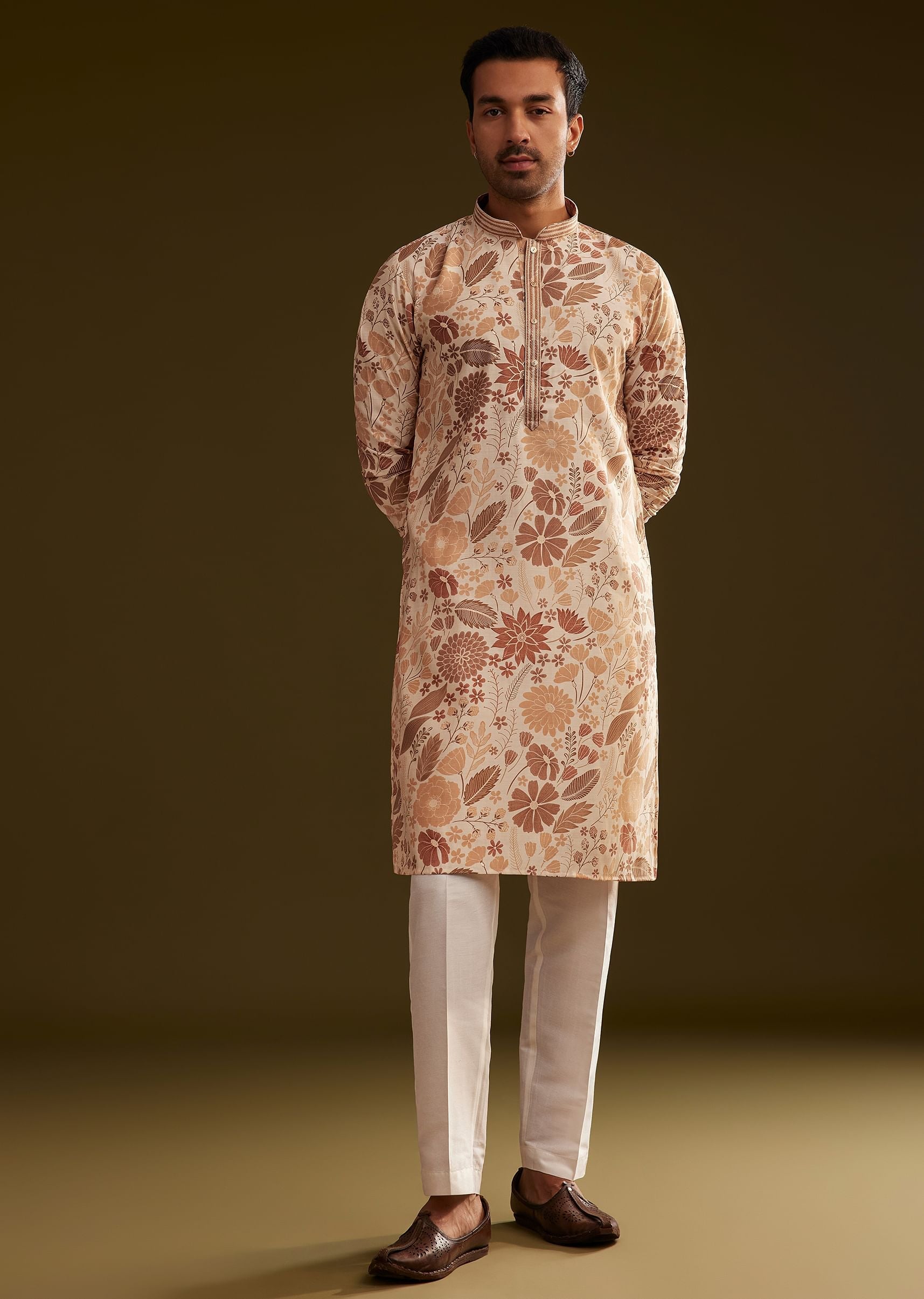 Cream Brown Silk Floral Printed Kurta Set