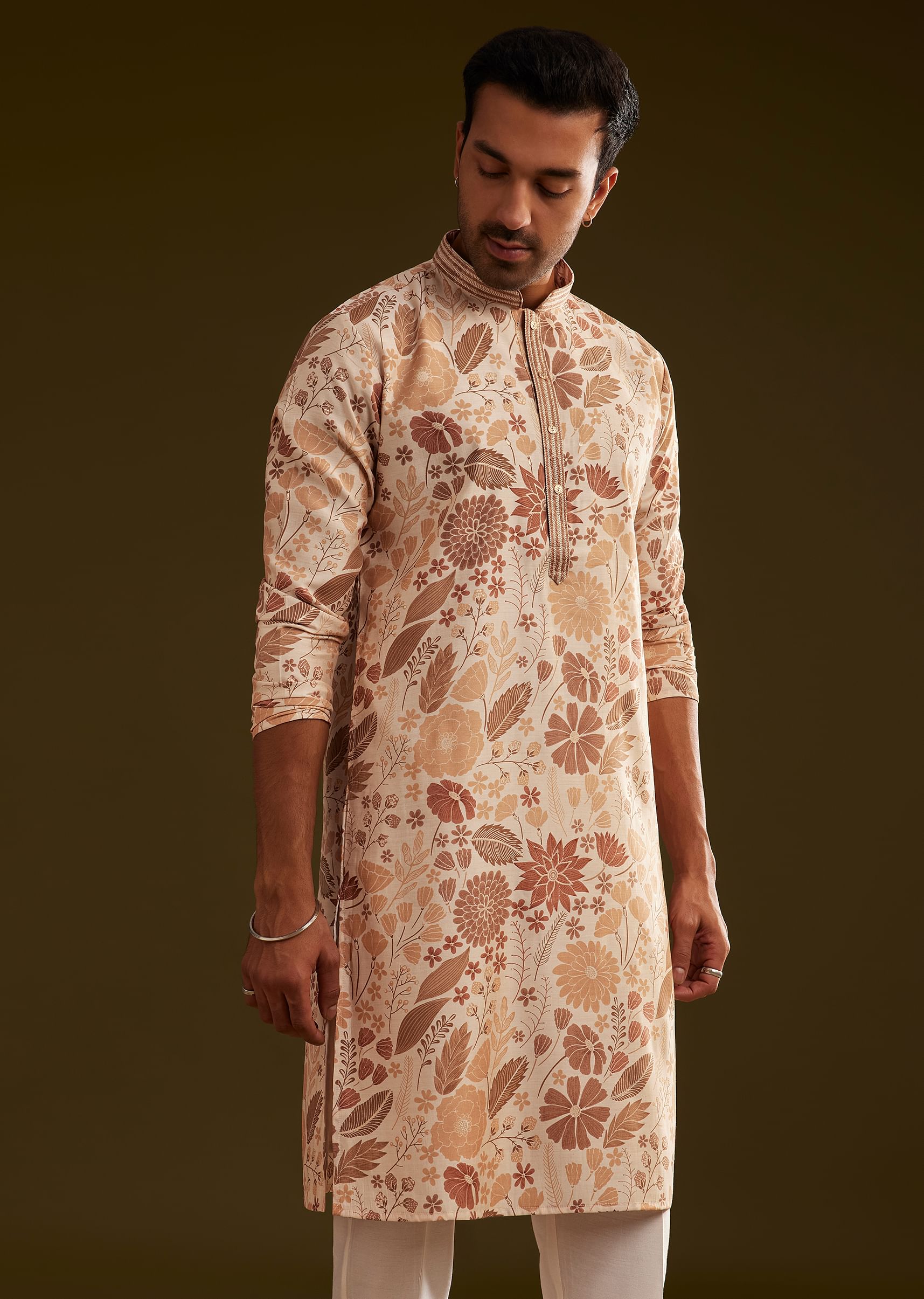 Cream Brown Silk Floral Printed Kurta Set