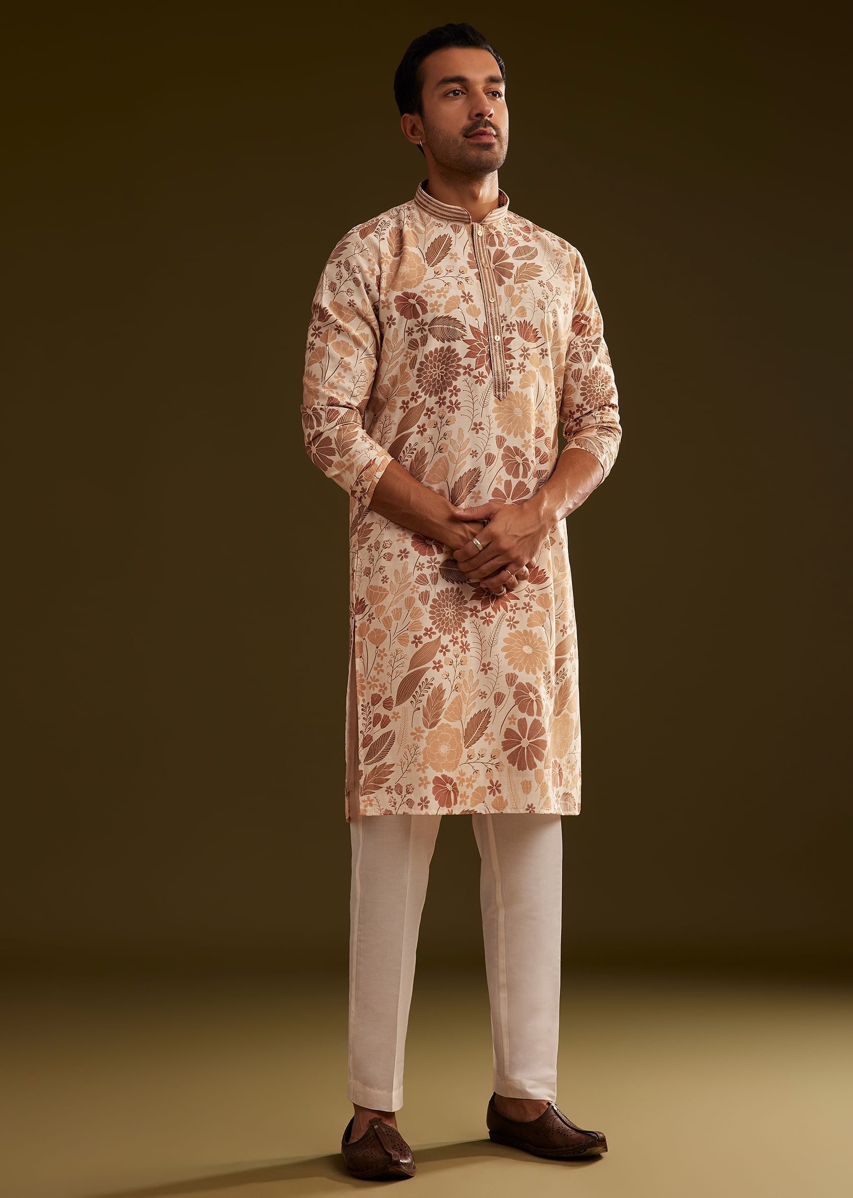Cream Brown Silk Floral Printed Kurta Set