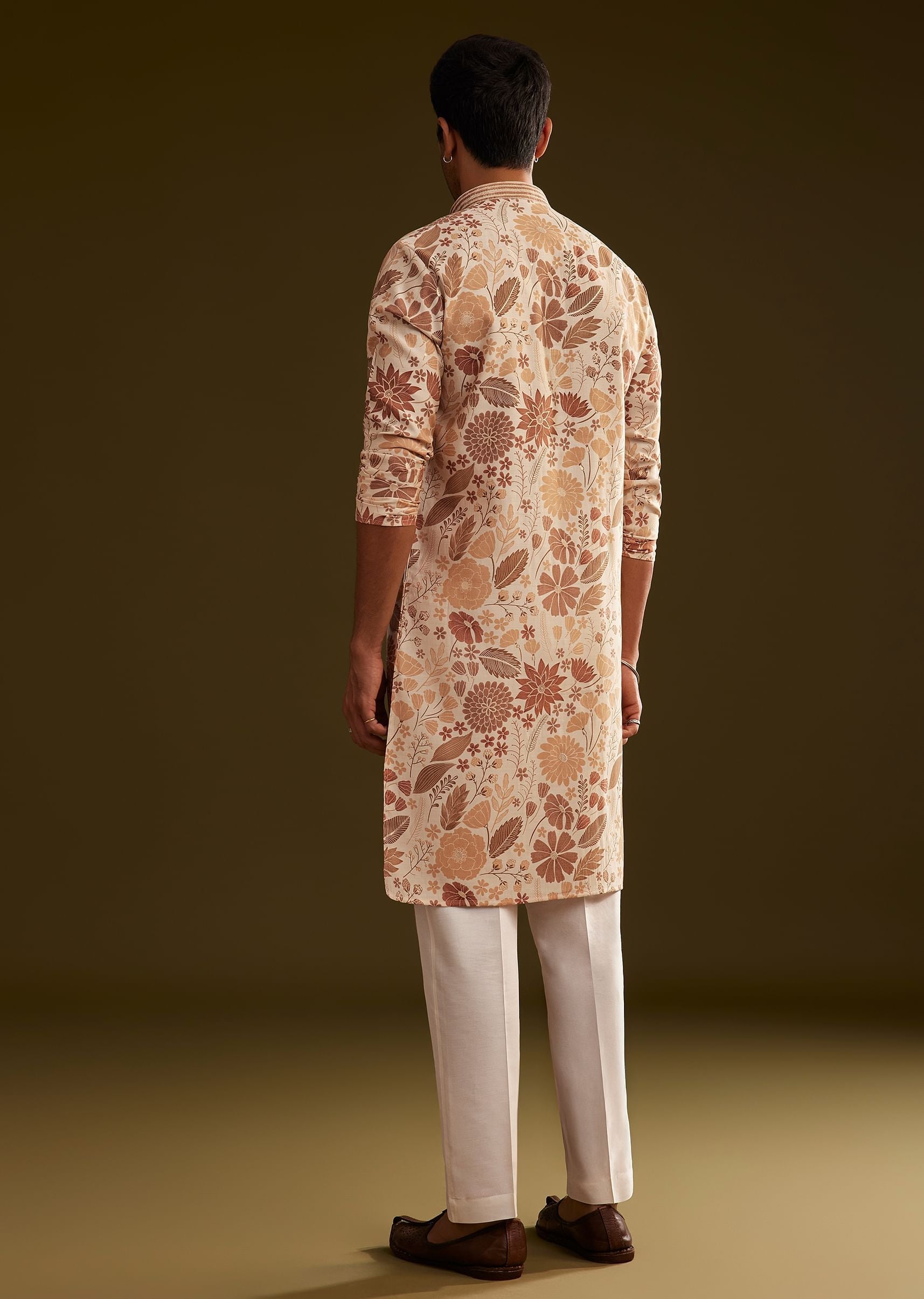Cream Brown Silk Floral Printed Kurta Set