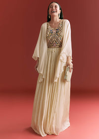 Cream Chinon Embroidered Gown With Flared Sleeves