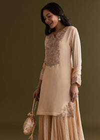 Cream Chinon Kurta Sharara Suit With Embroidered Dupatta