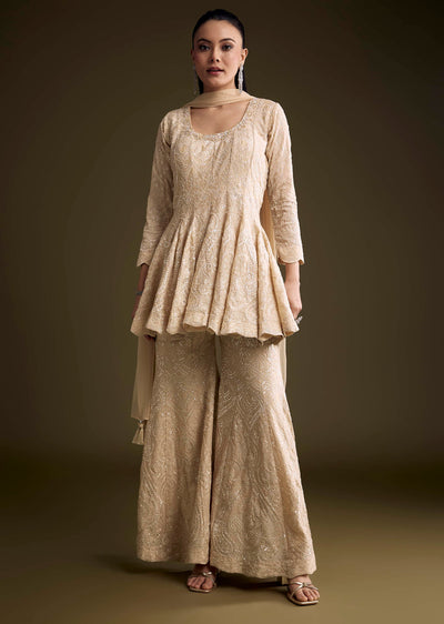 Cream Chinon Palazzo Suit With Sequins And Resham Work