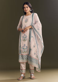 Cream Cotton Block Print Kurta Pant With Dupatta