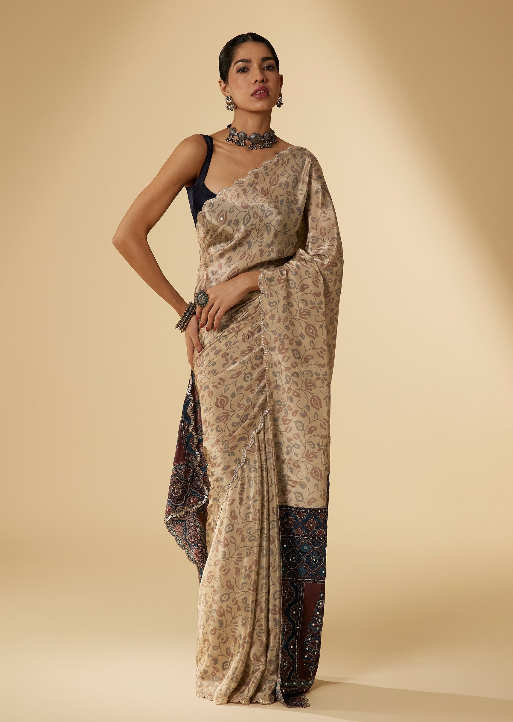Cream Crepe Ajrakh Digital Printed Saree With Abla Embellished Border Pallu