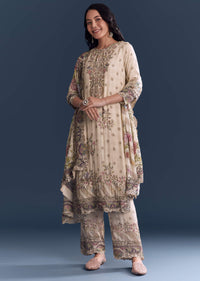 Cream Crepe Kurta Set With Indie Print And Floral Print Dupatta