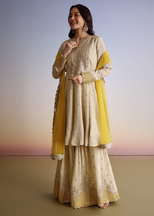 Cream Crush Tissue Sharara Suit With Zari Sequins Work