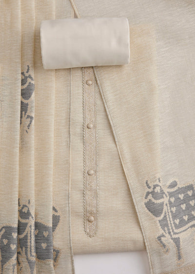 Cream Dola Silk Woven Unstitched Suit Set With Dupatta
