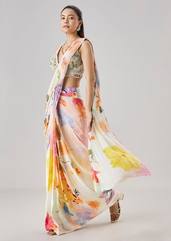 Cream Floral Printed Ready Pleated Saree With Embellished Blouse