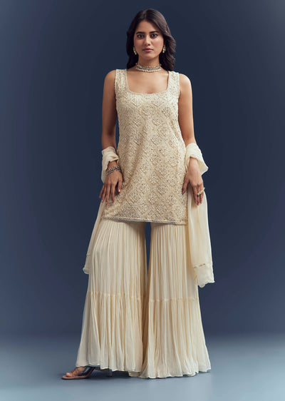 Cream Georgette Sharara Suit With Moti And Thread Embroidery