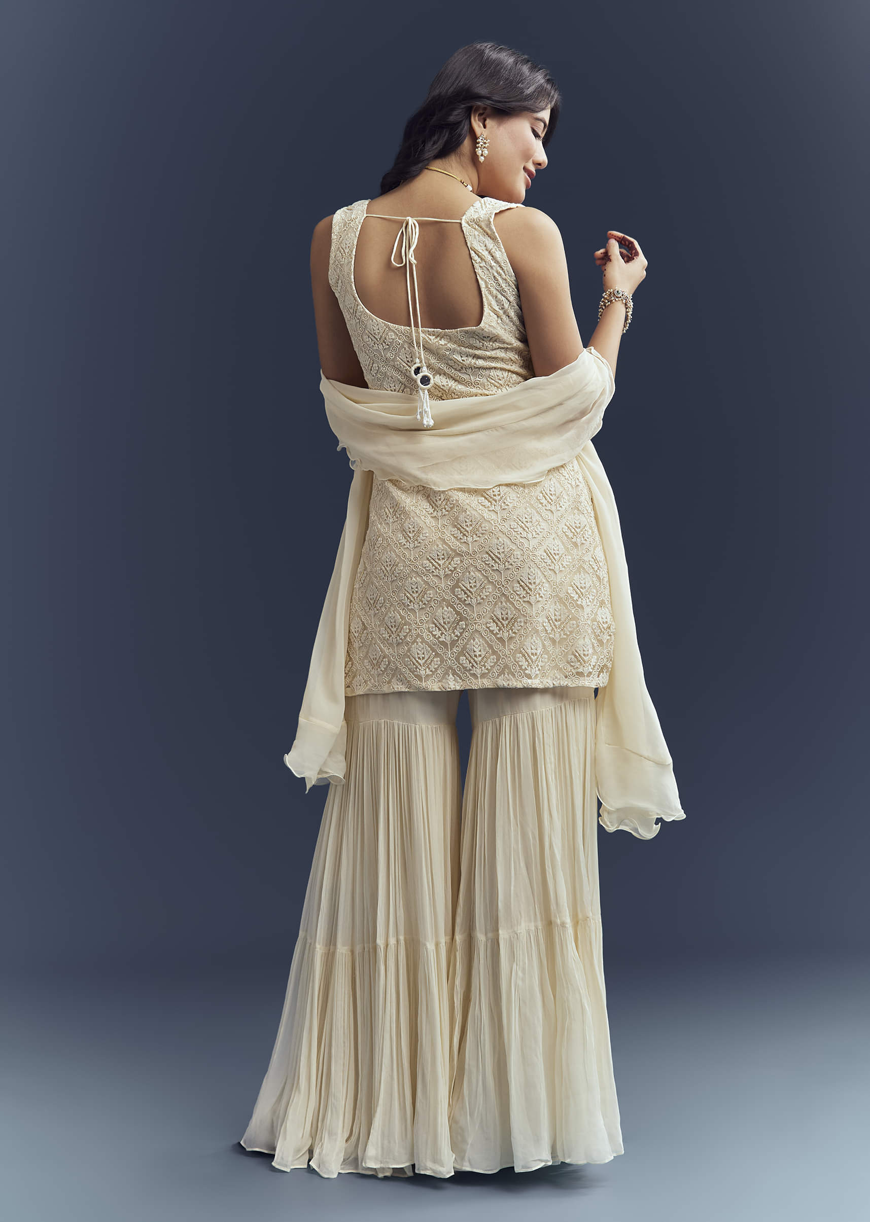 Cream Georgette Sharara Suit With Moti And Thread Embroidery