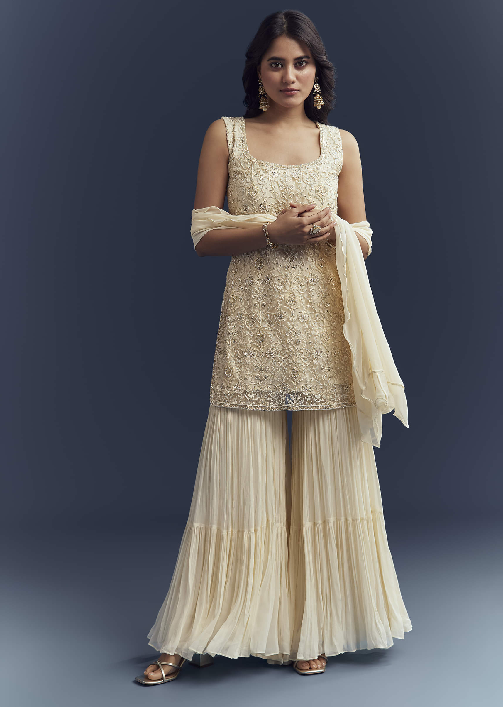 Cream Georgette Sharara Suit With Moti And Thread Work